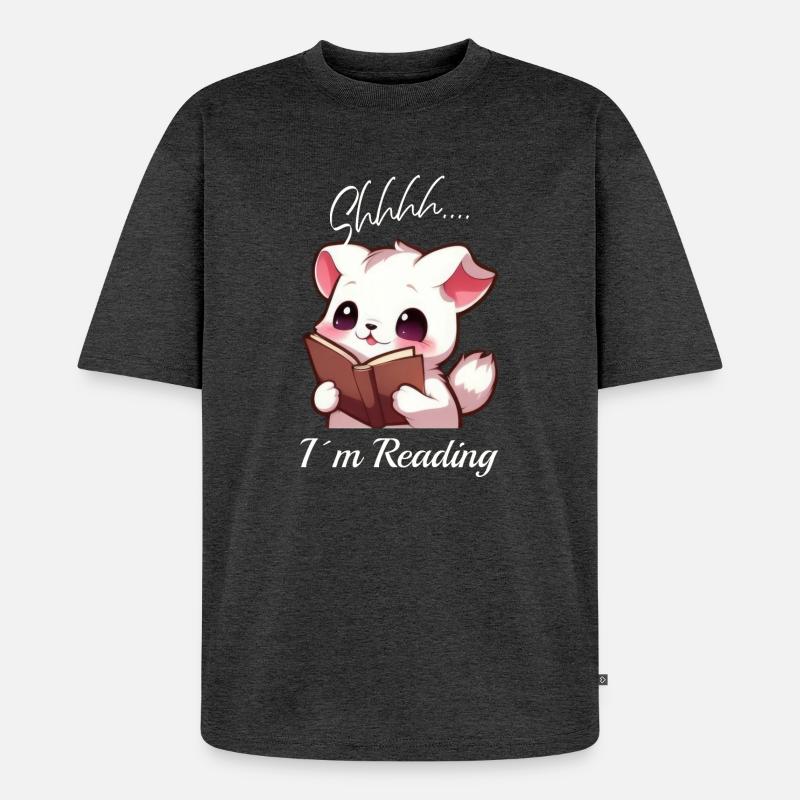 Katze mit Buch - Unisex Premium Oversized Bio T-Shirt - Anthrazit meliert