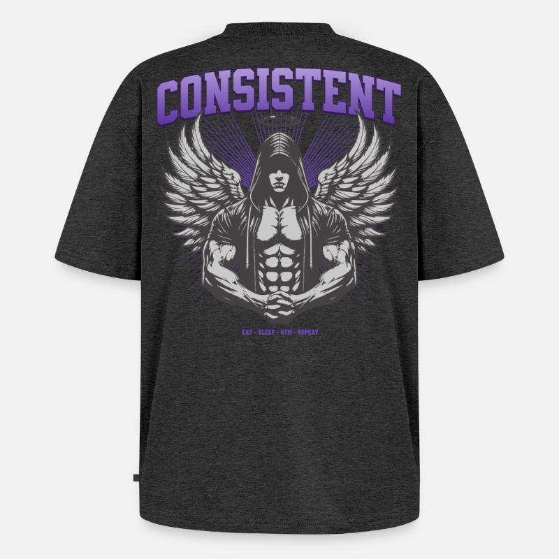 Consistent Gym Engel Design - Eat Sleep Gym Repeat - Unisex Premium Oversized Bio T-Shirt - Anthrazit meliert