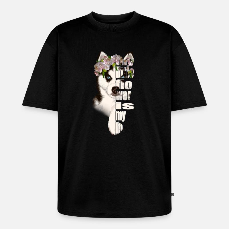 Husky mit Blumenkranz Lebensliebe - Unisex Premium Oversized Bio T-Shirt - Schwarz