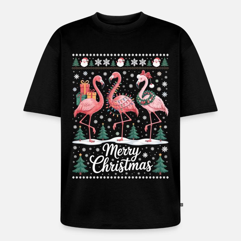 Weihnachtsflamingos mit Schneeflocken und Deko - Unisex Premium Oversized Bio T-Shirt - Schwarz
