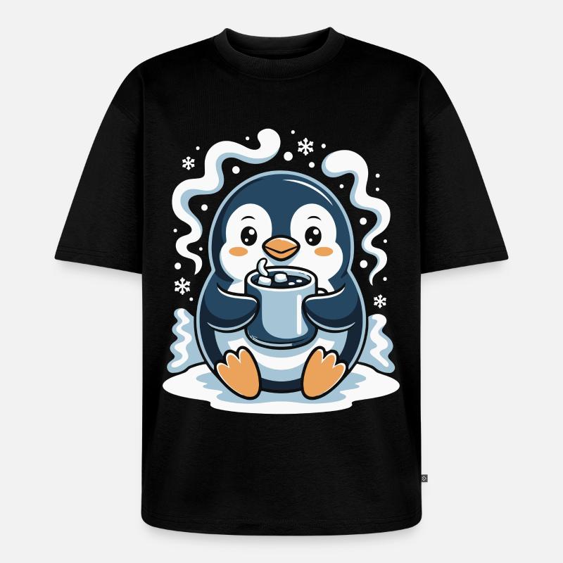 Pingouin câlin avec chocolat chaud - T-shirt Premium bio oversize Unisexe - noir