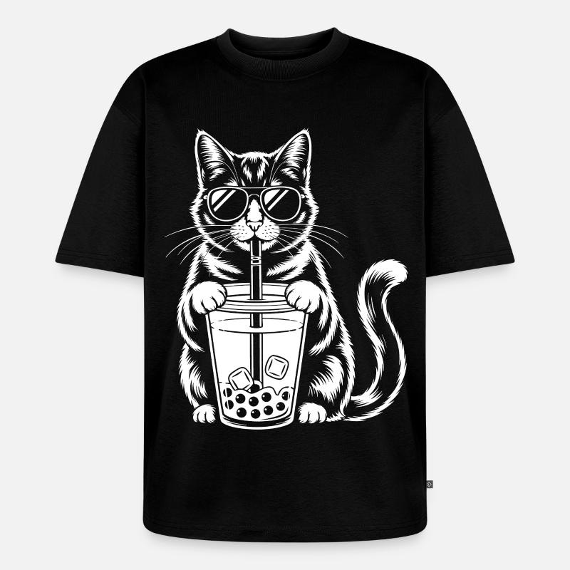 Katze mit Bubble Tee - Unisex Premium Oversized Bio T-Shirt - Schwarz