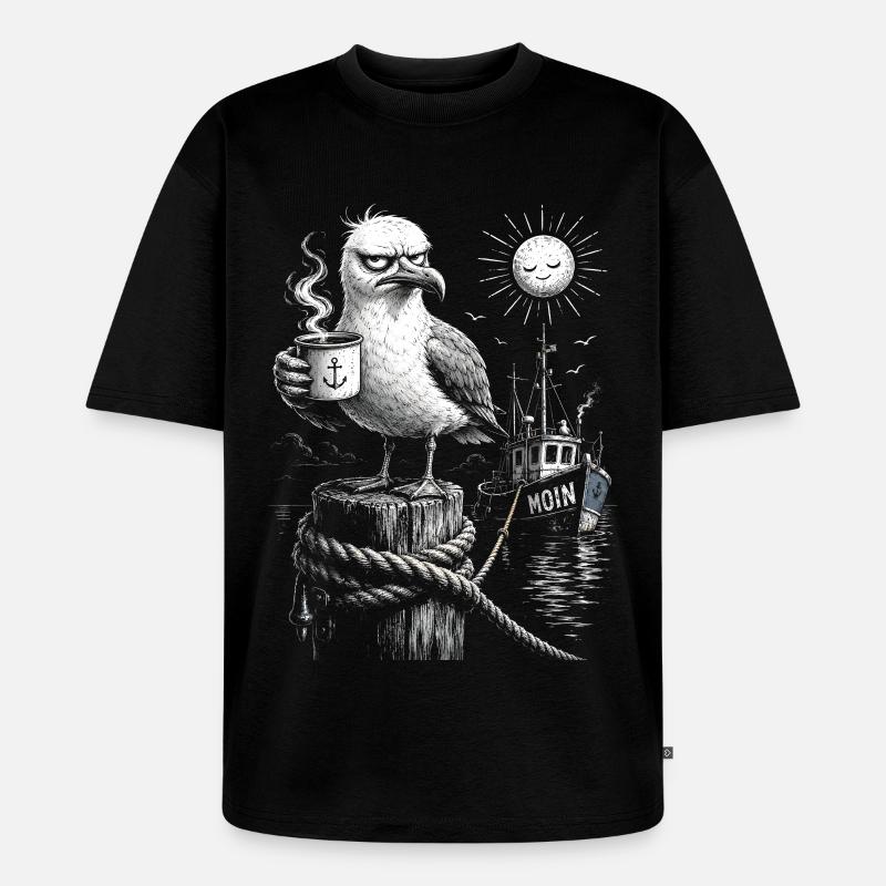 MOIN – Grumpy Seagull with Coffee - Unisex Premium Oversized Organic T-Shirt - black