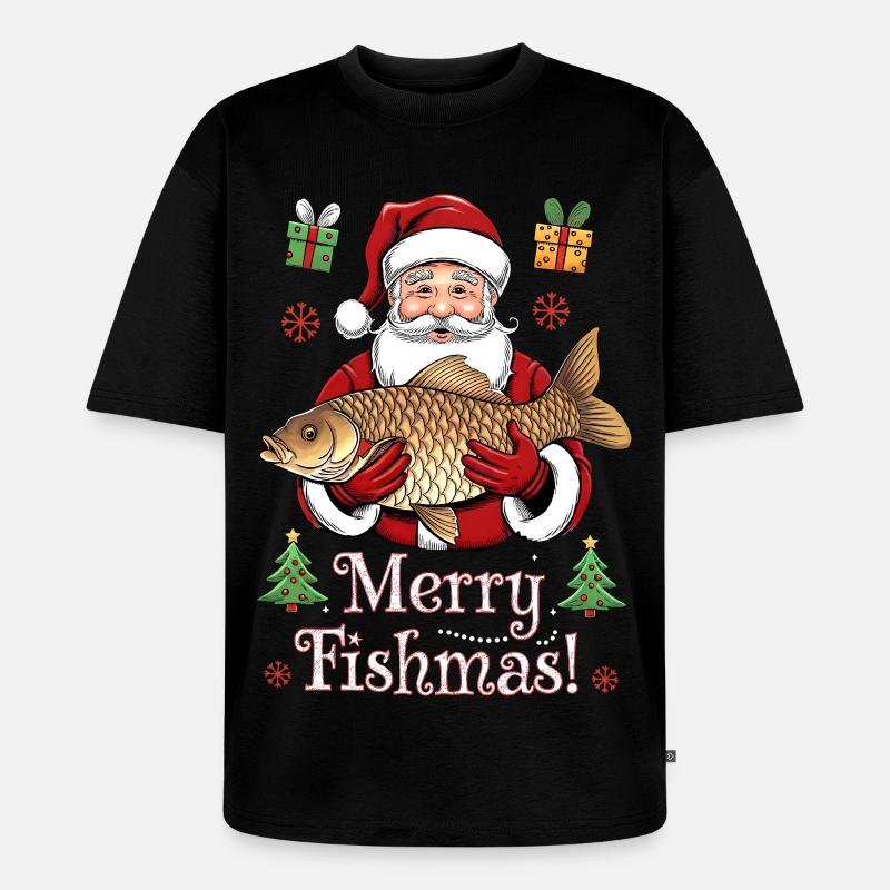 Angler Weihnachtspullover Merry Fishmas Karpfen - Unisex Premium Oversized Bio T-Shirt - Schwarz