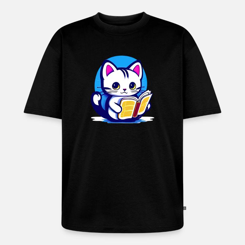 Katze liest ein Buch - Unisex Premium Oversized Bio T-Shirt - Schwarz