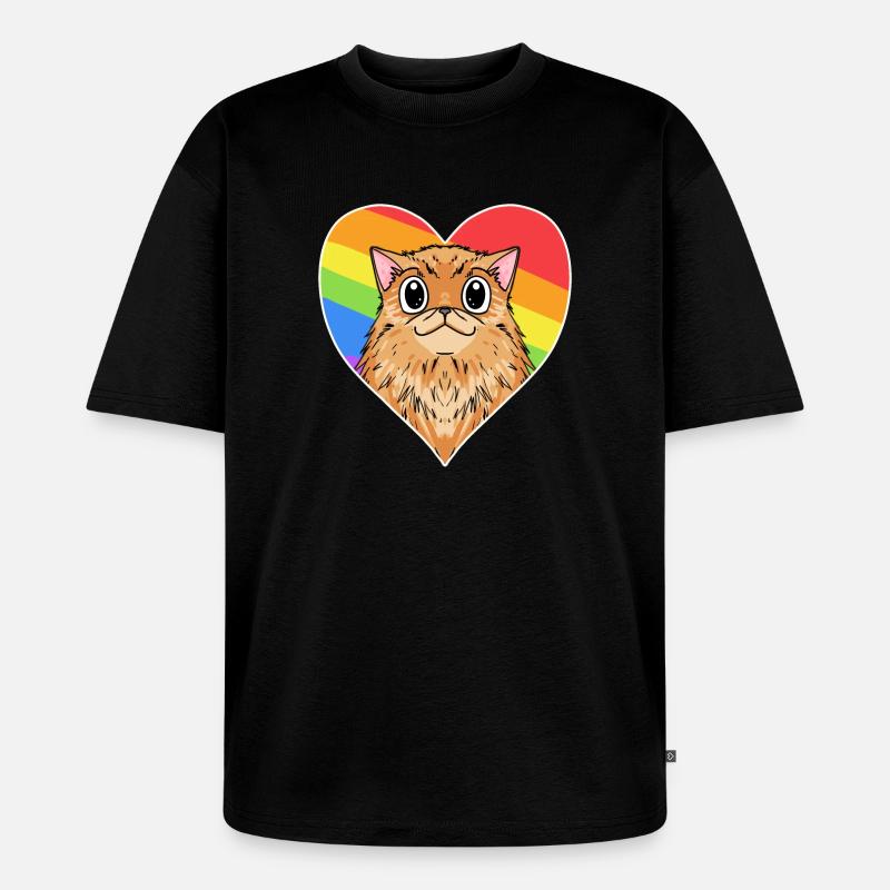 Regenbogen - Katze mit Herz - Unisex Premium Oversized Bio T-Shirt - Schwarz