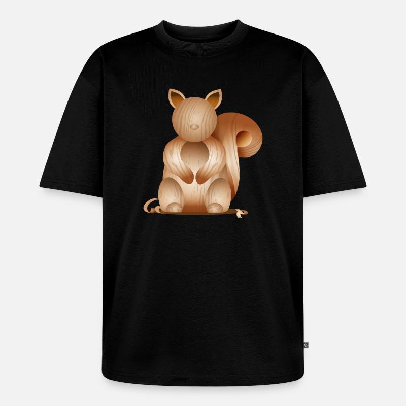 Illustration in Holzoptik–Verspieltes Eichhörnchen - Unisex Premium Oversized Bio T-Shirt - Schwarz