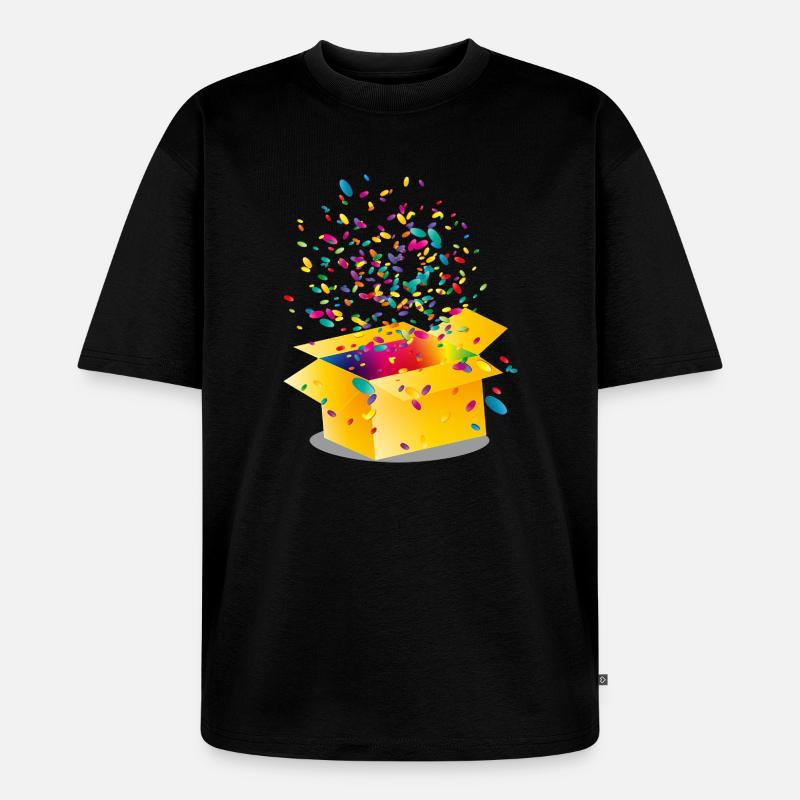 Gelbe Box mit buntem Konfetti - Unisex Premium Oversized Bio T-Shirt - Schwarz