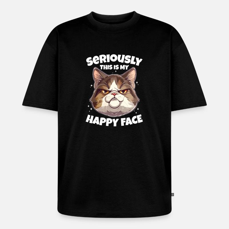 Drôle de chat visage heureux - T-shirt Premium bio oversize Unisexe - noir