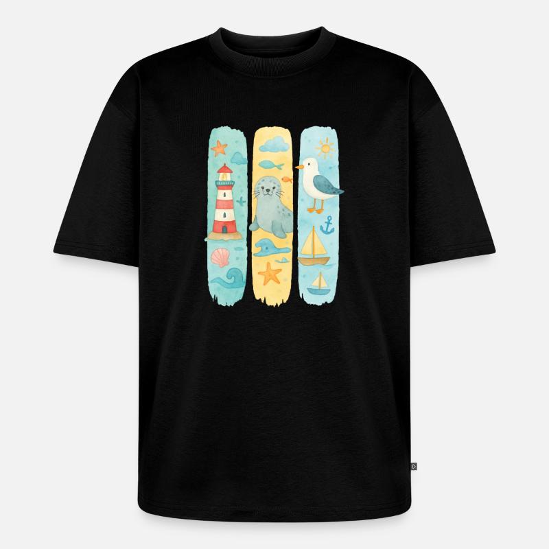 Maritim Leuchtturm Robbe Möwe Küste - Unisex Premium Oversized Bio T-Shirt - Schwarz