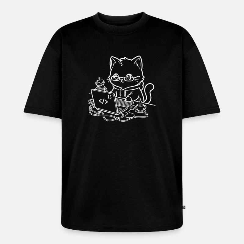Coder Kawaii Cat Programmer - Unisex Premium Oversized Organic T-Shirt - black