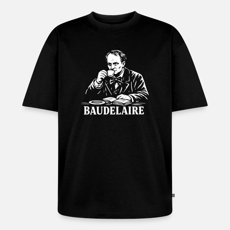 Baudelaire Kaffee & Bücher - Unisex Premium Oversized Bio T-Shirt - Schwarz