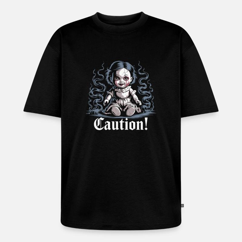 Poupée effrayante avec texte d’avertissement - T-shirt Premium bio oversize Unisexe - noir
