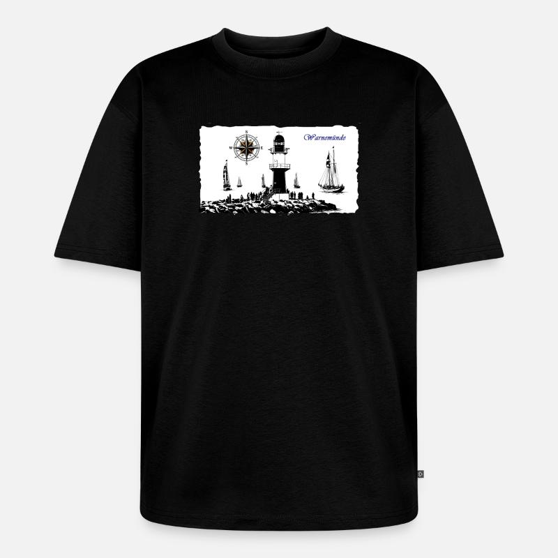 Warnemünde Leuchtturm Kompass Edition - Unisex Premium Oversized Bio T-Shirt - Schwarz