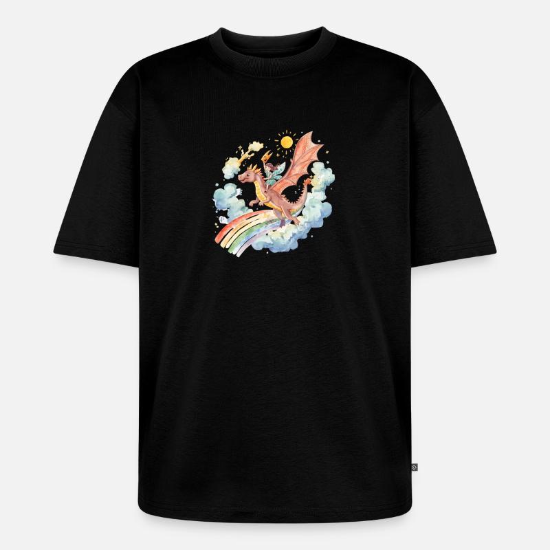 Mädchen mit Drachen und Regenbogen - Unisex Premium Oversized Bio T-Shirt - Schwarz