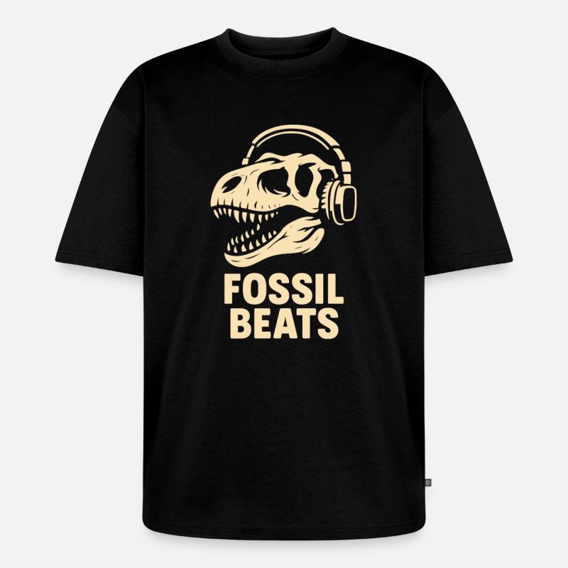 Fossil Beats Dinosaur mit Kopfhörer - Unisex Premium Oversized Bio T-Shirt - Schwarz
