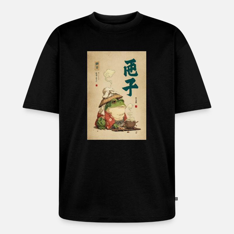 Frosch-Samurai im Seidenmantel mit Tee - Unisex Premium Oversized Bio T-Shirt - Schwarz