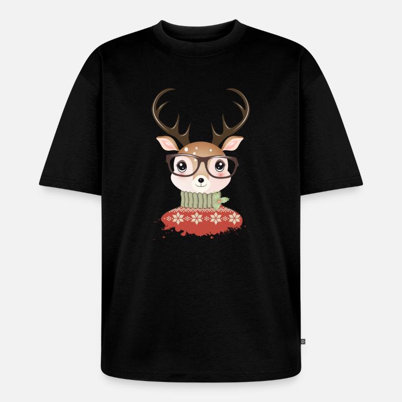 Hirsch mit Weihnachtspullover und Nerd Brille - Unisex Premium Oversized Bio T-Shirt - Schwarz