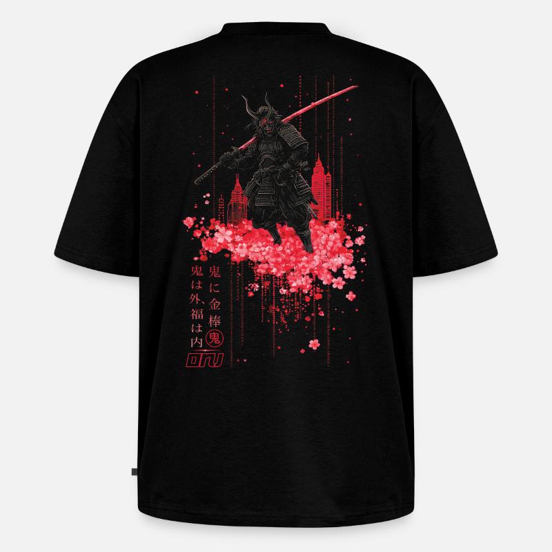 Oni - samurai mit Sakura Kirschblüten - Unisex Premium Oversized Bio T-Shirt - Schwarz