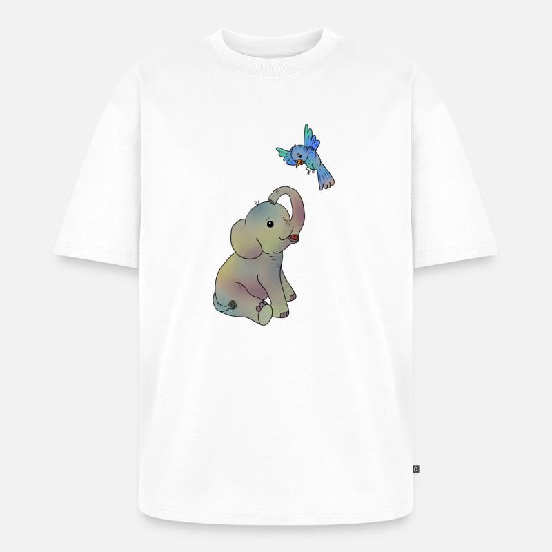 Elefant und blauer Vogel - Unisex Premium Oversized Bio T-Shirt - Weiß