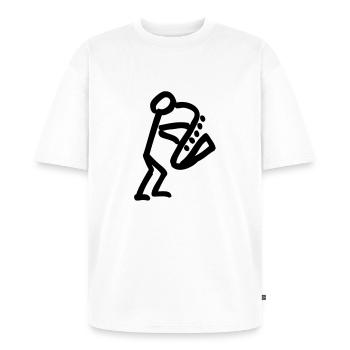 Musikant mit Saxophon - Unisex Premium Oversized Bio T-Shirt - Weiß - Vorne - Thijin (182cm) & Selfina (174cm)