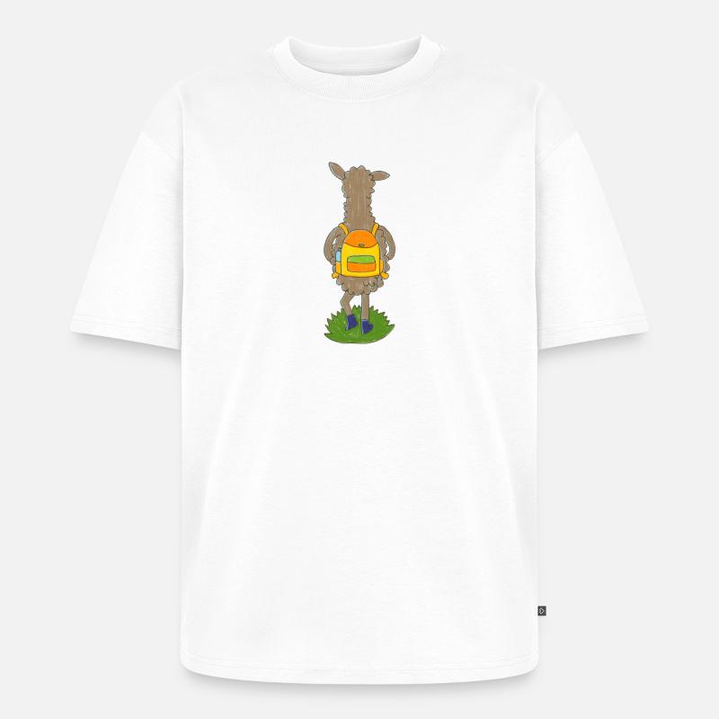 Lama mit buntem Rucksack - Unisex Premium Oversized Bio T-Shirt - Weiß