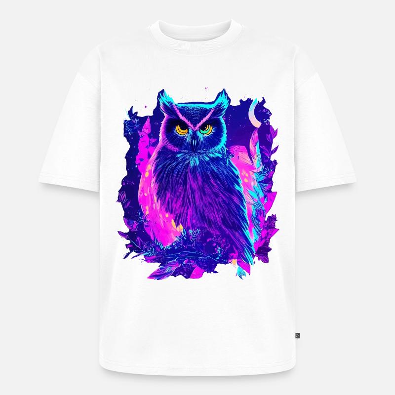 Neon leuchtende Eule Synthwave - Unisex Premium Oversized Bio T-Shirt - Weiß
