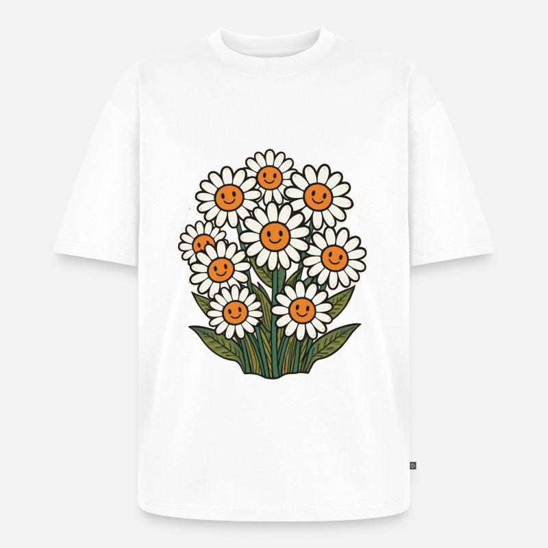 Fröhliche Blumen mit Smileys - Unisex Premium Oversized Bio T-Shirt - Weiß