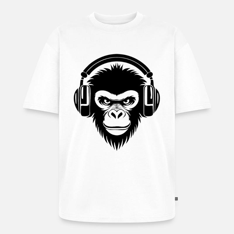 Finsterer Comic-Affe mit Kopfhörern Shirt - Unisex Premium Oversized Bio T-Shirt - Weiß