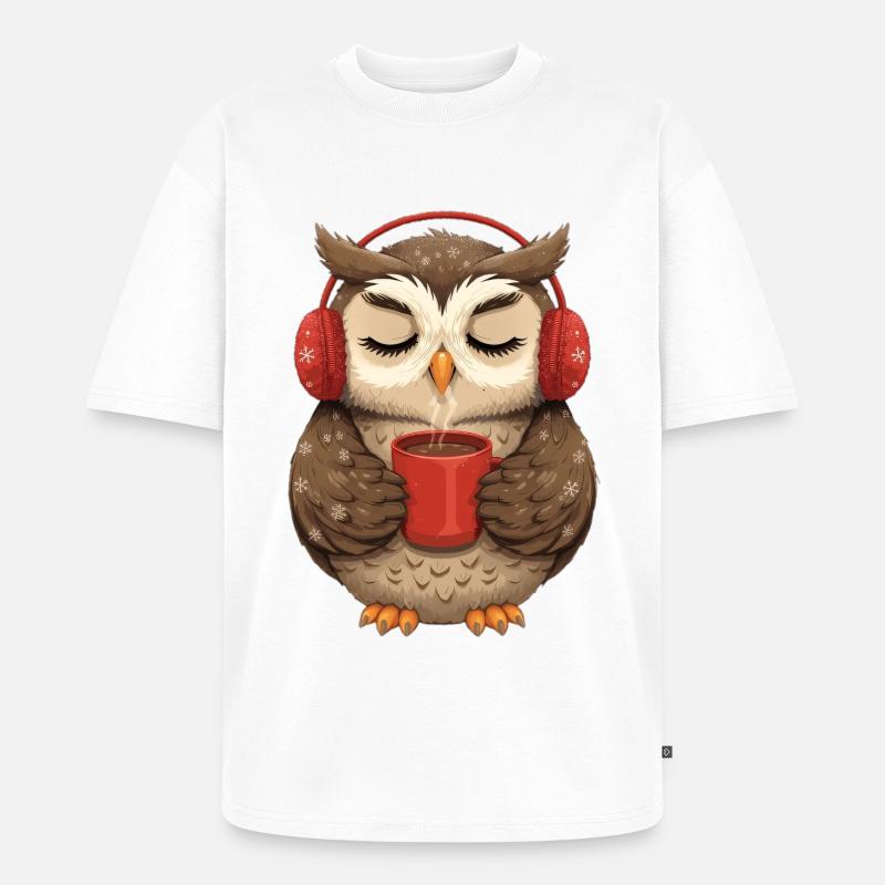 Kuscheleule mit Kopfhörern und Kaffee - Unisex Premium Oversized Bio T-Shirt - Weiß
