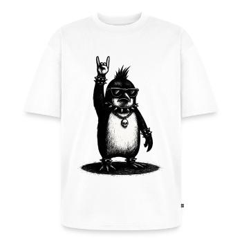 Rock Pinguin Mit Metal Handzeichen - Unisex Premium Oversized Bio T-Shirt - Weiß - Vorne - Thijin (182cm) & Selfina (174cm)