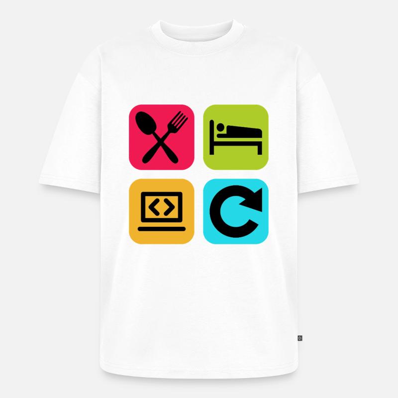 Essen, schlaf, Programm wiederholen, lustiger Zitatcode - Unisex Premium Oversized Bio T-Shirt - Weiß