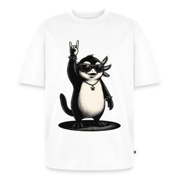 Rock N Roll Pinguin Mit Sonnenbrille - Unisex Premium Oversized Bio T-Shirt - Weiß - Vorne - Thijin (182cm) & Selfina (174cm)
