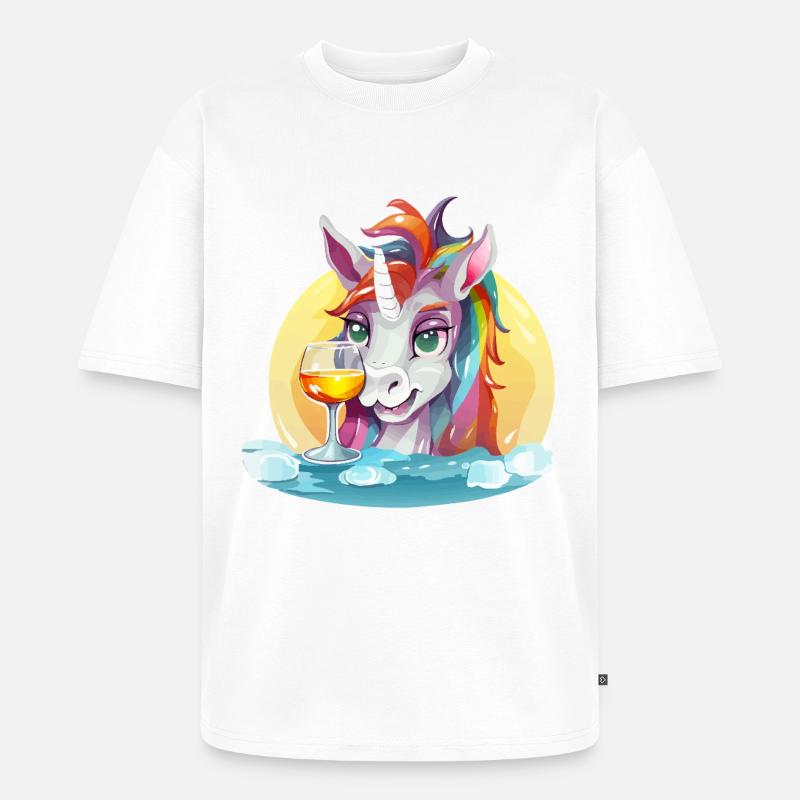 Buntes Einhorn mit Wein - Unisex Premium Oversized Bio T-Shirt - Weiß