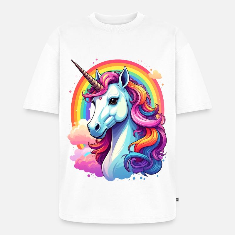 Einhorn mit Regenbogen und Wolken - Unisex Premium Oversized Bio T-Shirt - Weiß