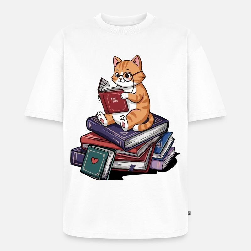 Bücherwurm-Katze Kätzchen liest Bücher Kunst - Unisex Premium Oversized Bio T-Shirt - Weiß