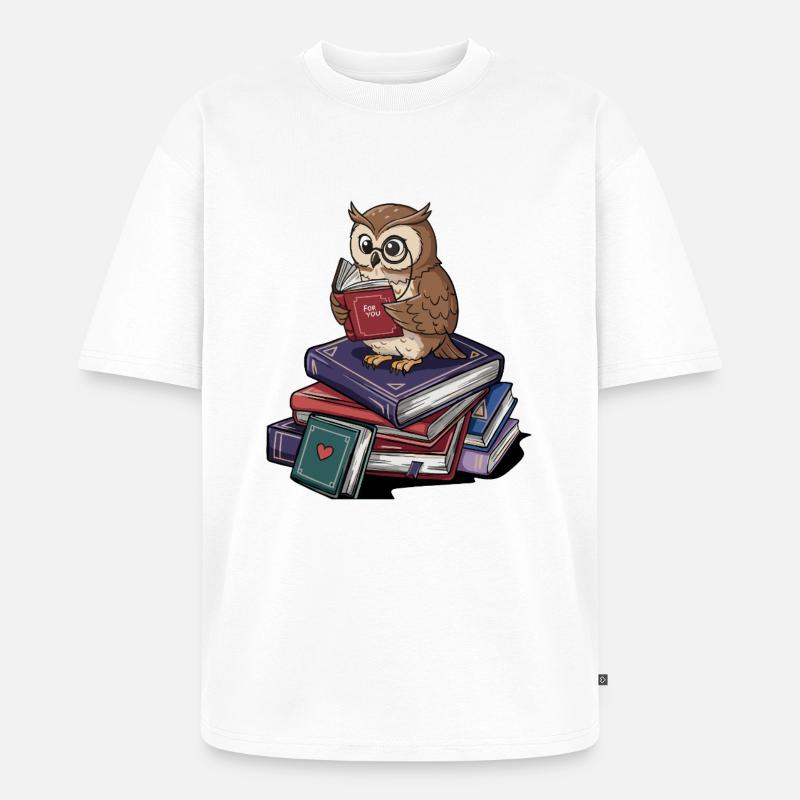 Bücherwurm-Eule-Vogel liest Bücher Kunst - Unisex Premium Oversized Bio T-Shirt - Weiß