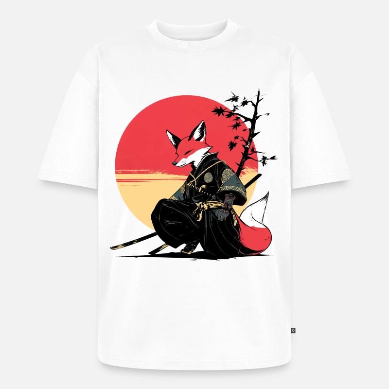 Fox Samurai au coucher du soleil - T-shirt Premium bio oversize Unisexe - blanc