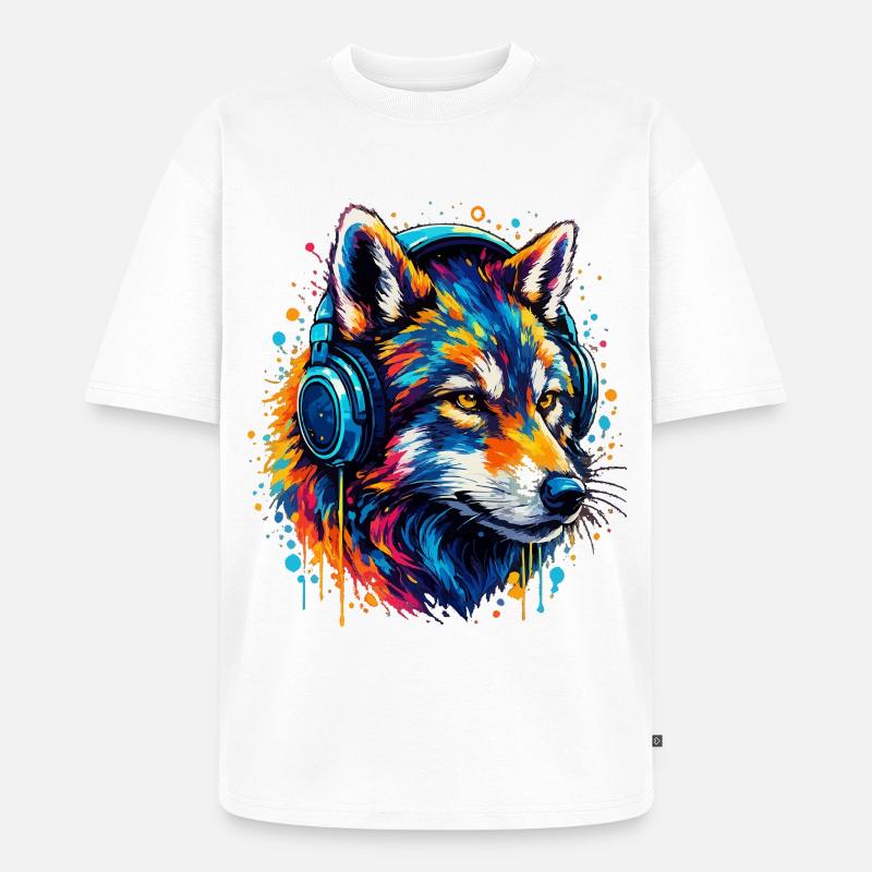 Fuchs mit Neon Kopfhörer Kunst - Unisex Premium Oversized Bio T-Shirt - Weiß