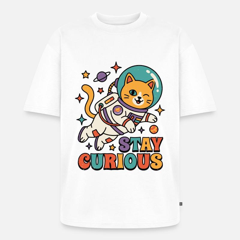 Reste Curieux Chat de l’Espace - T-shirt Premium bio oversize Unisexe - blanc