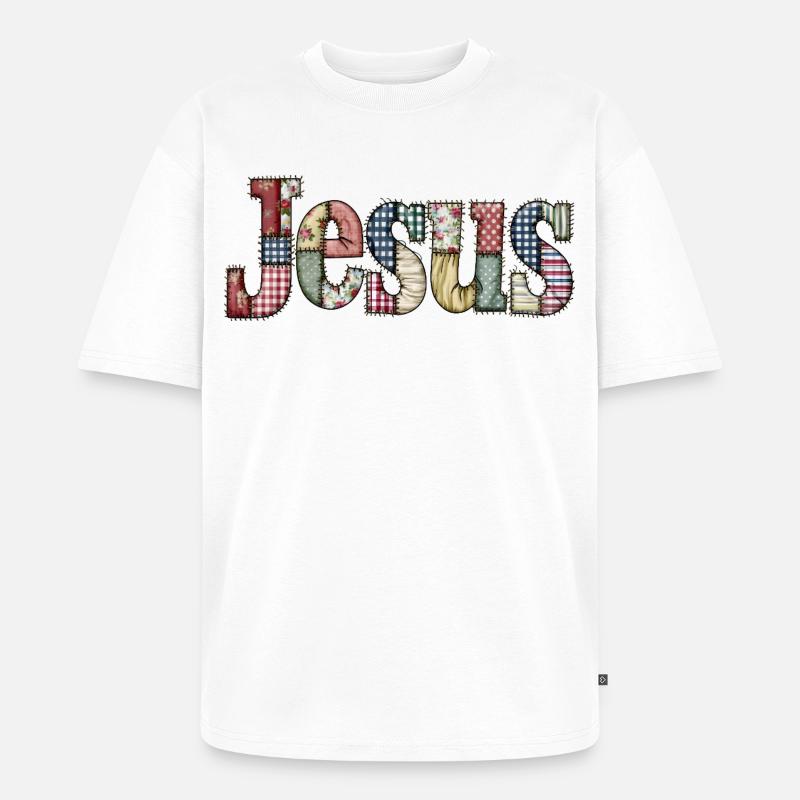 Patchwork Jesus Lettering - Unisex Premium Oversized Organic T-Shirt - white
