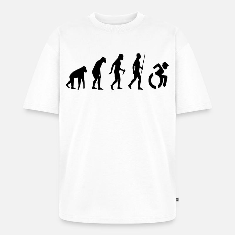 Evolution Rollstuhl. Die Rollstuhl-Evolution * - Unisex Premium Oversized Bio T-Shirt - Weiß