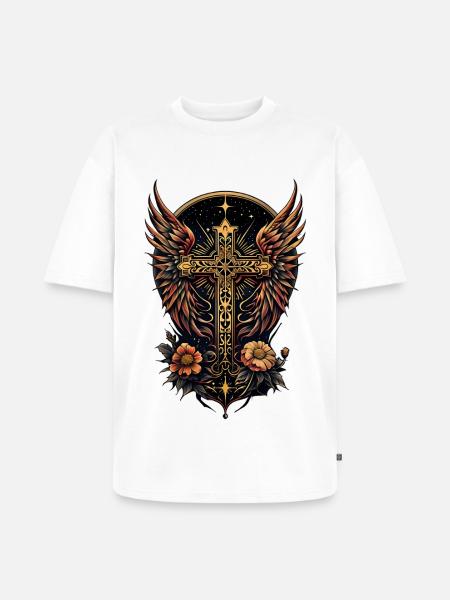 A symbol of strength: The ornate cross with wings - Unisex Premium Oversized Organic T-Shirt - white