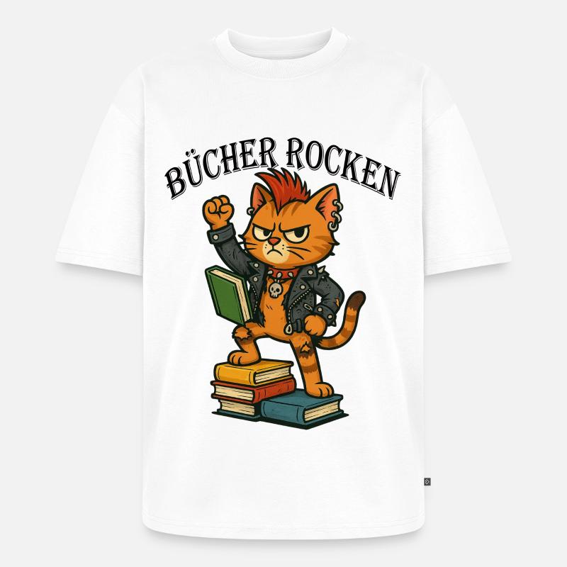 Punk-Katze: Bücher rocken! - Unisex Premium Oversized Bio T-Shirt - Weiß