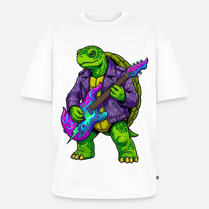 Schildkröte mit Jacke und Neon E-Gitarre - Unisex Premium Oversized Bio T-Shirt - Weiß