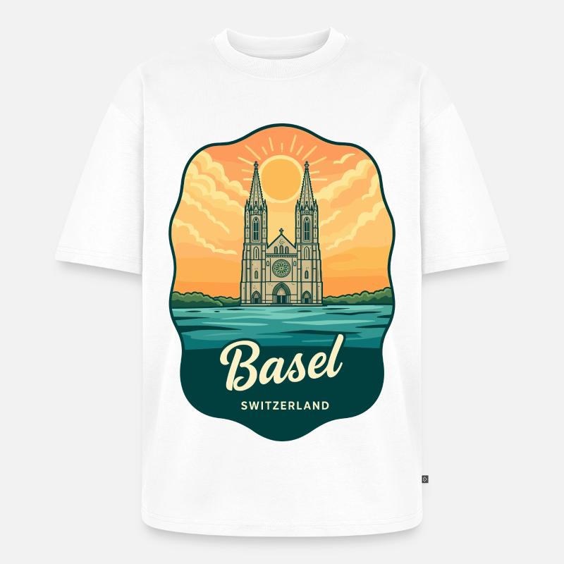 Basel Minster Retro Sonnenuntergangs-Reiseabzeichen - Unisex Premium Oversized Bio T-Shirt - Weiß