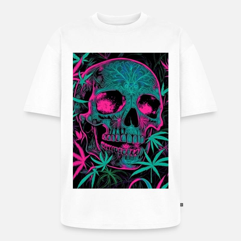 Neon-Skull mit Cannabisblatt-Pattern - Unisex Premium Oversized Bio T-Shirt - Weiß
