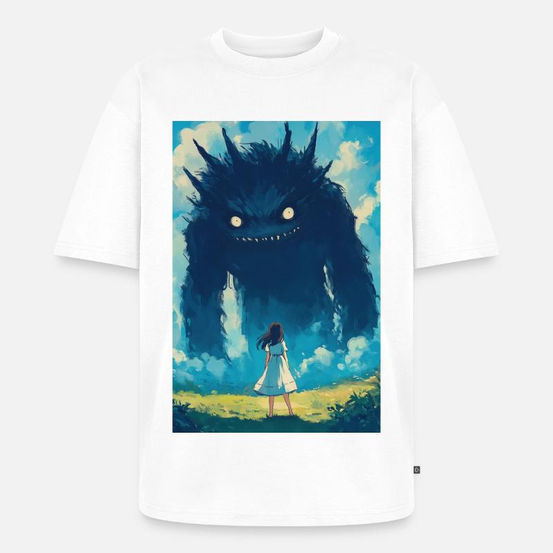 Ein Mädchen steht einem Monster gegenüber - Unisex Premium Oversized Bio T-Shirt - Weiß