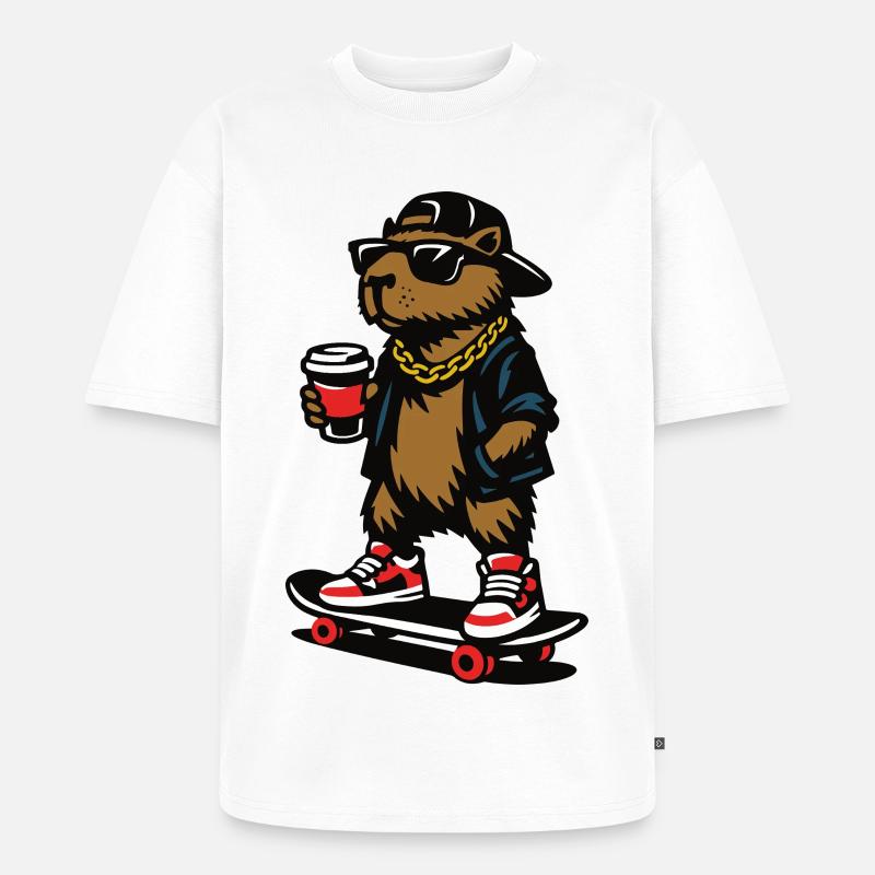 Colles Capybara Skateboard Kaffee - Unisex Premium Oversized Bio T-Shirt - Weiß