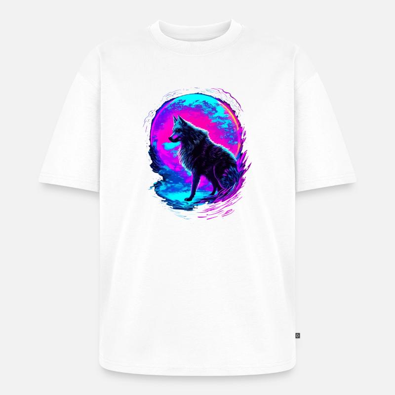 Wolf Neon Moon Synthwave - T-shirt Premium bio oversize Unisexe - blanc